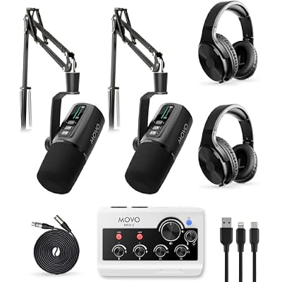 Movo Portable Podcast Equipment Bundle for iPhone/Android Phones- Podcast Kit with Audio Interface, 2 UM6 Dynamic Mics, 2 Headphones, 2 Boom Arms - for Smartphones, Computers, PC and Mac