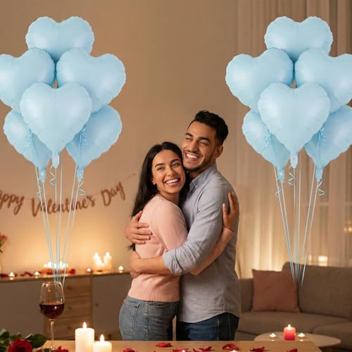 Image of 12 Pcs Light Blue Heart Balloons,18 Inch Heart Foil Balloons Love Balloon Valentine Balloon for Birthday Party Wedding Engagement Party Baby Shower Valentine Day Decorations