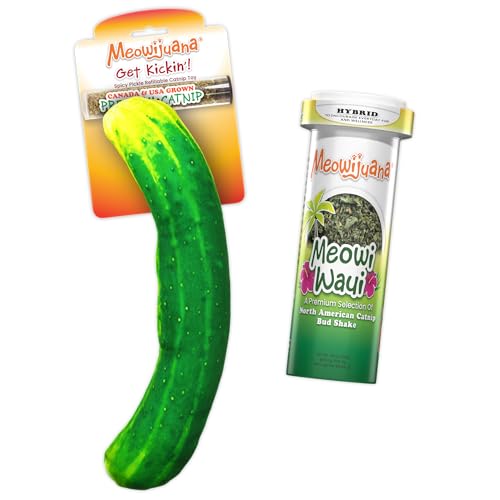 Meowijuana Pickle Bundle | Get Kickin' Refillable Spicy Pickle Toy and Meowi-Waui Catnip | Promotes Play and Cat Health | Includes North American Organic Catnip