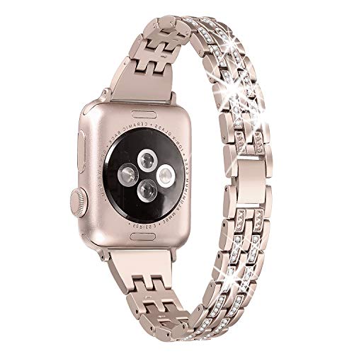 Secbolt Bling Bands Compatible with Apple Watch Band 42mm(Series 3) 44mm 45mm 46mm 49mm Women iWatch SE Series 10 9 8 7 6 5 4 3 2 1, Dressy Jewelry Metal Wristband Strap Diamond Rhinestone, Champagne Gold