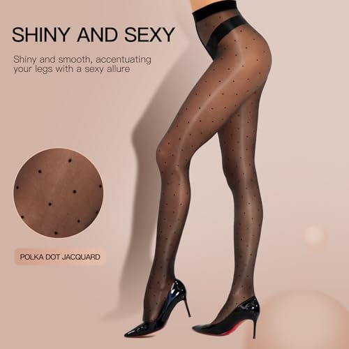 Women's Sheer Polka Dot Tights Oil Shiny Pantyhose 20 Denier Patterned Stockings High Waist Pantyhose with Dots2