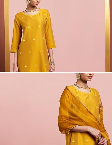 Image of Amazon Brand - Myx Women's Straight Embroidered Farsi Kurta Set with Organza Dupatta | Dhoti Pants (Available in Plus Sizes)