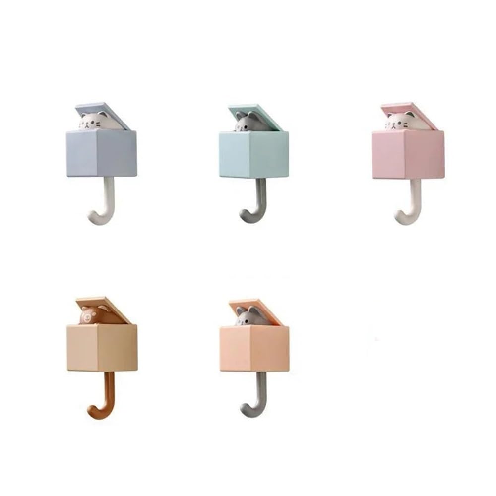 Dazhua Mix-5Pcs 5Pcs Cute Cartoon Cat Self-Adhesive Wall Hooks - No Drill Animal Shaped Hanger For Home, Key, Towel And Hat Organizer(Mix-5Pcs)