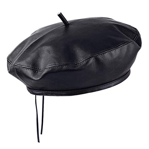 Samtree Classic Pu Leather French Beret Hat For Women, Adjustable Solid Color Artist Painter Cap Black #TOP16