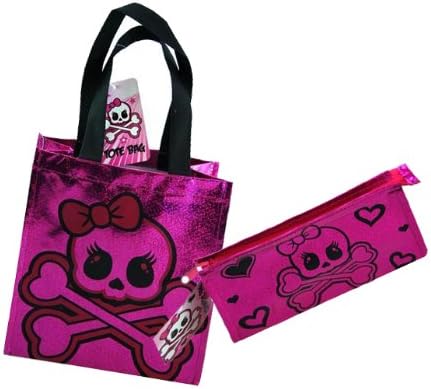 Set of 2!! Skull PINK BLING SPARKLE PU Faux Patent Leather Tote Bag & Matching Zip top Make-up Case by Jersey Bling