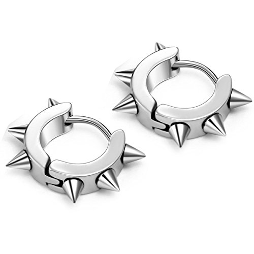 Flongo Men's Womens Punk Silver Stainless Steel Goth Rivet Awl Spike Huggies Piercing Hoop Earrings #TOP7
