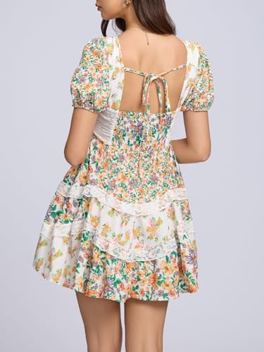 Image of hibshaby Women's Floral Patchwork Dress V Neck Lace Layered Ruffle Flowy Babydoll Dress Puff Sleeve Tiered Mini Sundress