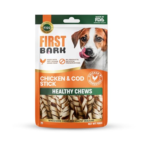 Image of First Bark Dog Treats for Adult Dog & Puppy - Healthy Chews Chicken & Cod Fish Jerky for Dogs, Small Dogs & Shih Tzu | Dog Snacks & Puppy Treats - Chicken & Cod Stick (70g) x1
