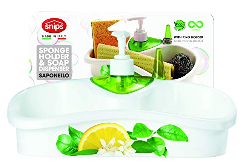 Snips Bianco con decori SAPONELLO-Portaspugne per Il lavello con dosatore per Il Sapone Liquido, 26x11,5x14,5
