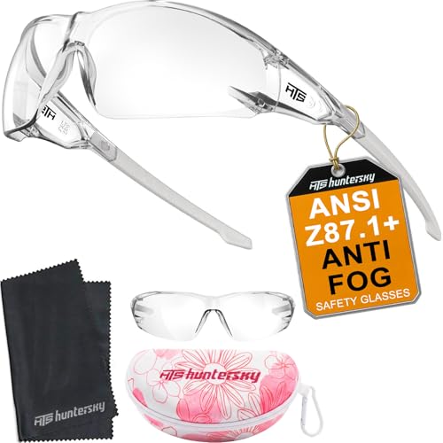 HTS HUNTERSKY S239 Safety Glasses ANSI Z87.1 Clear Lens Small Fit for Women and Youth Cycling Pickleball Sports with Pink Carrying Case