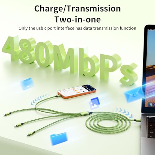 Travel Essentials, Dual Type-C 4 in 1 Charging Cable 2 Pack 5FT Multi Charging Cables for All Devices,iPhone Charger Cord Adapter 2 USB-C/IP/Micro Port for Phones,Pad,Galaxy (Fluorescent green) — view 5