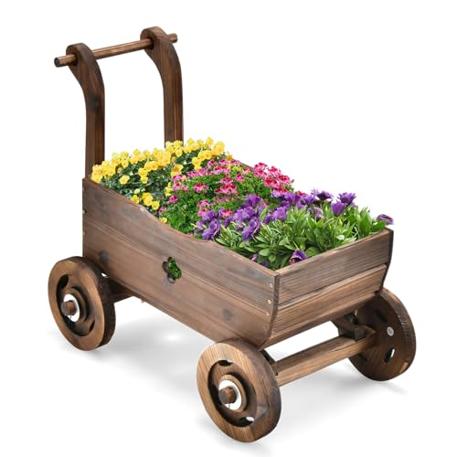 SOARS Jardinera de Madera Macetero Exterior en Forma de Carrito, Soporte de Carrito de Jardín con Ruedas, Asa y Agujeros de Drenaje, Decoración de Jardín, 68 x 38,5 x 53,5 cm