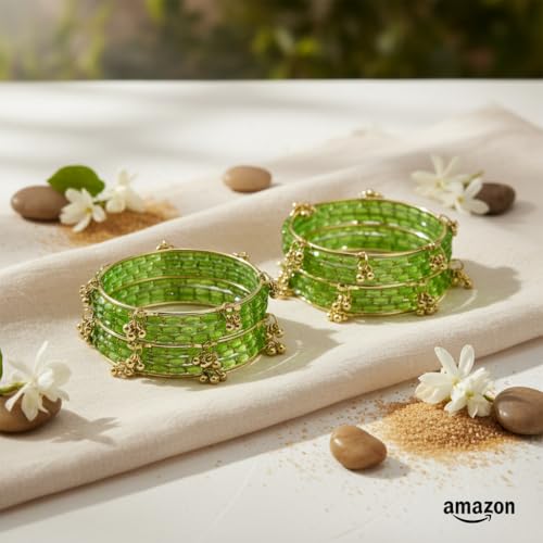 Image of Kashmiri Ghangharoo Glass Bangle Set for Women| Light Weight Bangles | Traditional Transparent Fancy Glass Chudi Set for Wedding, Party|Set Of 16(12 Glass + 4 ghungroo bangles)