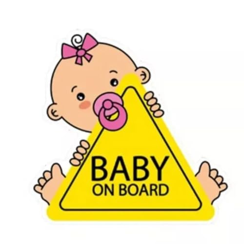 Baby on Board Car Safety Sign Yellow Triangle Warning Sticker with Cartoon Design (Pink)