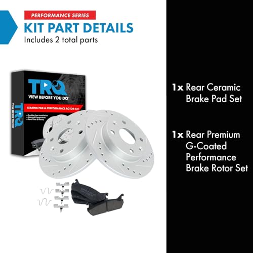 Image of TRQ Performance Rear Brake Pad and Rotor Set Ceramic Drilled Slotted G Coated Rotors Compatible with 1990-1993 Mazda Miata