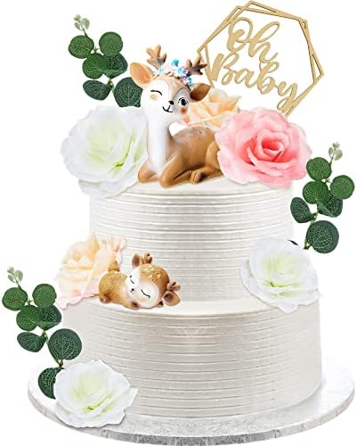 12 Pcs Woodland Deer Figurines Cake Toppers Wood Baby Cake Topper Baby Cake Decorations with Faux Flowers Eucalyptus for Baby Shower Gender Reveal Birthday Wedding Party DIY Decor (Elegant Style)