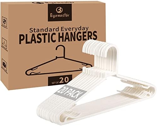 Byomostor Plastic Hangers 20 Pack, Light Weight Durable Clothes Hanger Non-Slip Slim & Space Saving Standard Size Coat Hanger G-Shape Adult Clothes Hangers for Laundry & Everyday Use (White)