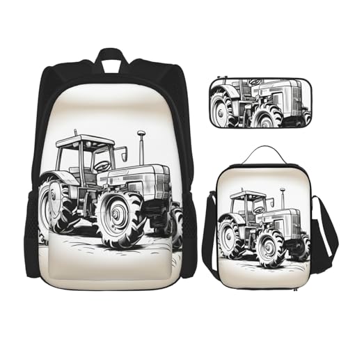 Cartoon Tractor Print 3 Piece Set Backpack, Lunch Bag, Pencil Case, Cute Sturdy For College And Travel