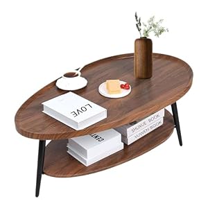 Table Basse Ovale Bois, Table Salon Basse Moderne Scandinave, Tables de Salon avec avec étagère 2 Niveaux, Tables Basses de Salon pour Salle de Séjour Chambre Bureau 100cm*55cm*38cm (Noyer)