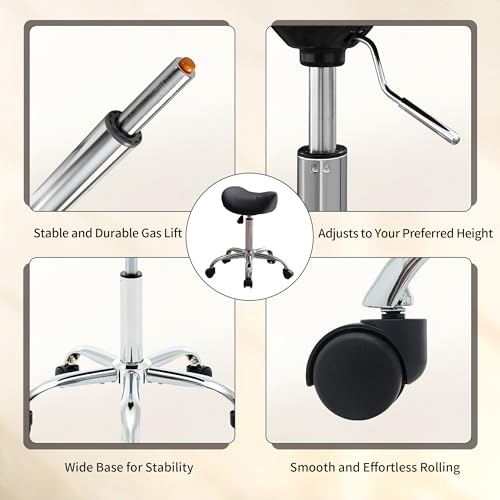 Image of FIRAVOE Saddle Stool, Swivel Saddle Stools with Wheels, Adjustable Rolling Stool 18 inch-26 inch, Faux Leather Rolling Saddle Stool for Salon, Massage, Clinic, Lab, Office (Black, 1PCS (18 inch-26 inch))
