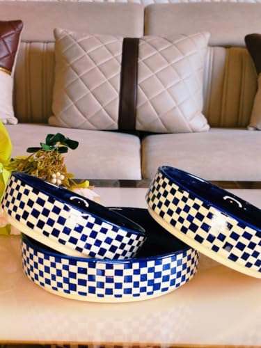 Image of Niyara Stoneware Handmade Ceramic Stylish Premium Serving Bowls /Salad Tray Microwave Dishwasher Safe (Blue and White Print Design)