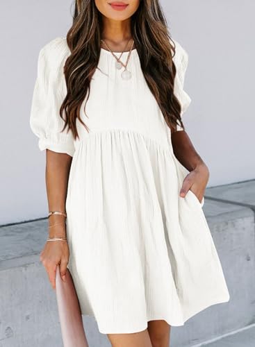 Image of Dokotoo Womens Summer Crewneck Puff Sleeve Babydoll Elegant Empire Waist Mini Swing Skater Dresses with Pockets
