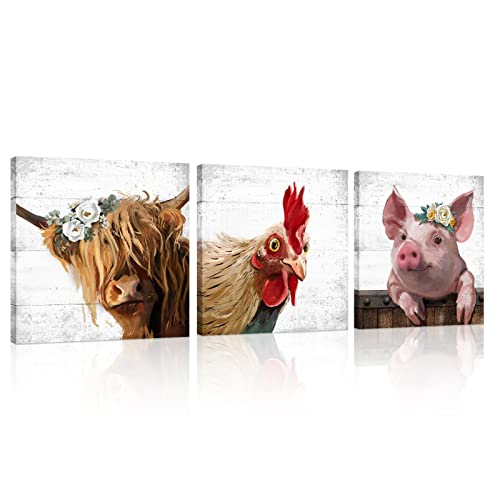 Farm Animal Farmhouse Wall Art: Highland Cow Rooster Pig Head Picture For Kitchen, 3 Piece Rustic Farmhouse Decor Vintage Canvas Print Living Room Home Decoration #TOP29