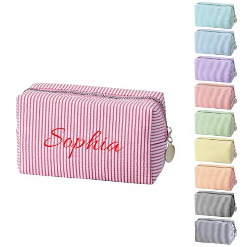 Personalised Stripe Makeup Bag Custom Embroidered Name Cosmetic Bag Portable Travel Toiletry Bag Monogrammed Wash Bag Gift for Women Bridesmaid Birthday Mothers Day (Pink)