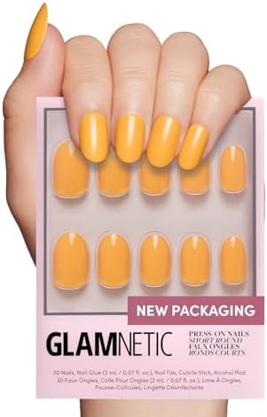 Glamnetic Press On Nails - Sunset Orange | Opaque Trendy Orange Short Round Fake Nails, Salon Quality | 12 Sizes - 30 Nail Kit