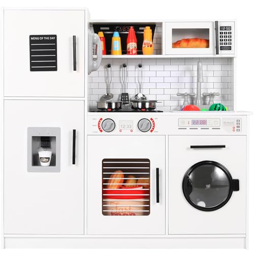 Clevich Cuisine Enfant en Bois, avec Effets Lumineux et Sonores Simulés, Jouet Cuisine Enfant avec Lave-Linge, Téléphone, Cuisinière, 82x80x25 cm, Cuisiniere Enfants...