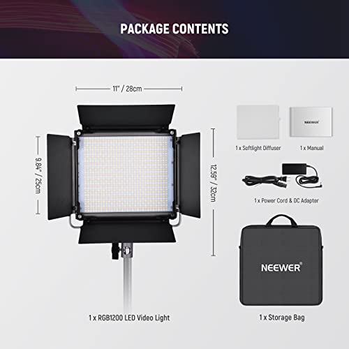 NEEWER RGB1200 RGB LED Video Light Panel with APP/2.4G Control, 60W Studio Photography Lighting 22000Lux@0.5m/1% Precise Min Dimming/360° Full Color/ CRI97+/TLCI98+/2500K-8500K/18 Effect with Barndoor