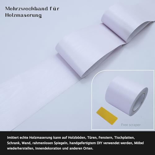 FEILAYS Holzmaserung Aufkleber, reparieren Löcher im Boden, reparieren Holztüren mit dekorativen Streifen, wasserdichte Fensterbänke, Türrahmen, Möbel, Garderobenrenovierung, 5cmx10m Weiß