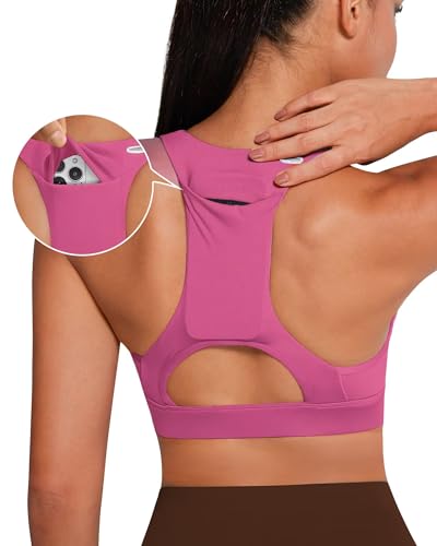 Image of QUEENIEKE BareFlow Women's Sports Bras with Phone Pocket Medium Impact Padded Racerback Workout Gym Crop Top Running Yoga Bra