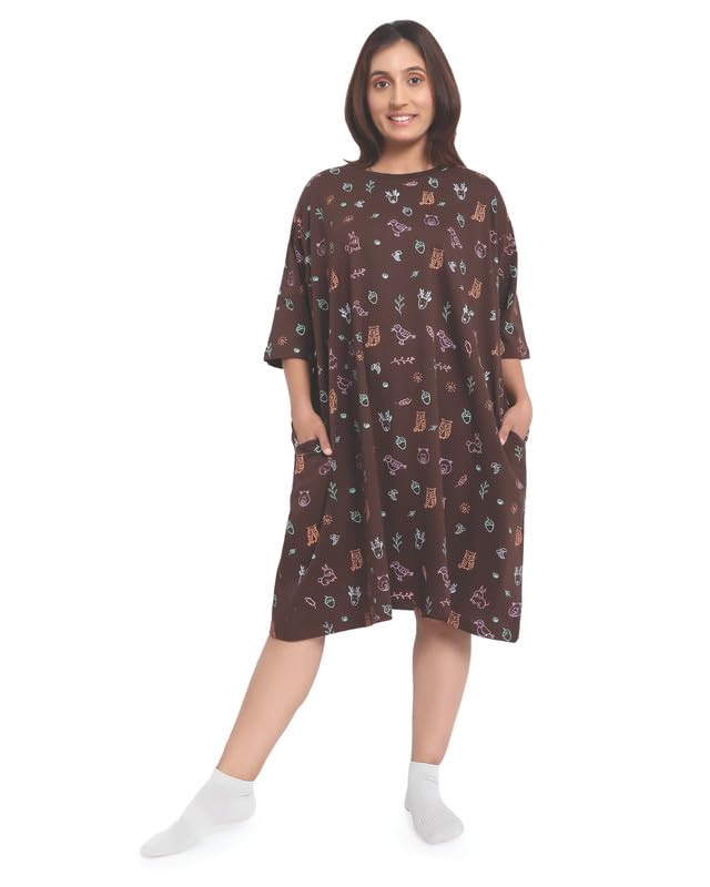 Image of LAMA STORE Women's Printed Oversized T-Shirt Dress, Cotton, 3 /4 Sleeve Length, Casual Loose Fit, Comfort Wear Extra Comfy Oversized Printed Pocket T-Shirt Dress
