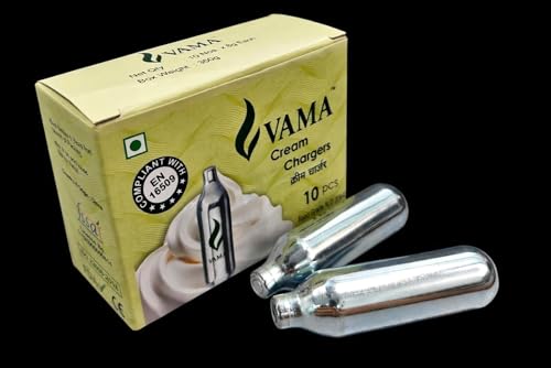 Image of Shoppers Hub PNQ VAMA SS 8g N₂O Cream Chargers for Whipping Cream | 99.6% Pure | FSSAI Certified | Ideal for Cafes, Coffee Chains, Bakeries, Hotels & QSR - Box of 10