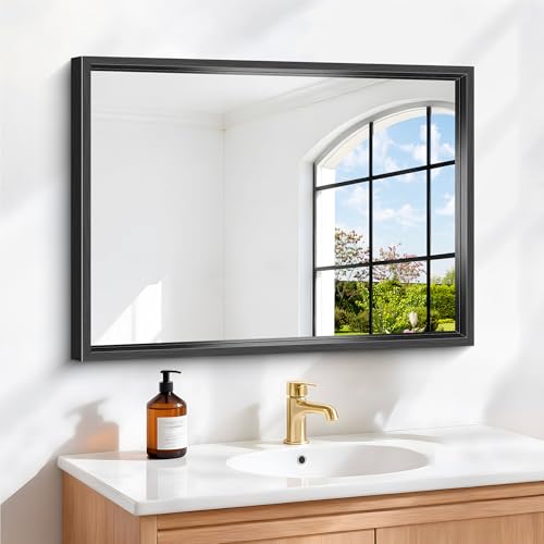 Image of Bathroom Mirror, 18 x 24 inch Brushed Black Metal Frame Rectangular Vanity Mirror, Wall Mounted Rectangle Mirror for Bedroom Living Room, Tempered Glass, Antirust, Horizontally or Vertically