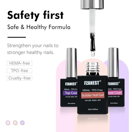 FZANEST Builder Nail Gel With Gel Top and Base Coat HEMA Free, 15ml * 3pcs Gel Nail Kit for Nail Thickening Apex Nail Extension Soak Off No Wipe Gel Top Coat Base Hard Gel Nails, LED Nail Lamp Cured