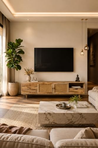 Image of Wooden TV Unit for Living Room | Solid Wood TV Cabinet with Rattan Doors | TV Stand for 65 Inch TV | Mid Century Entertainment Unit | Easy Assembly (Natural TK-26)