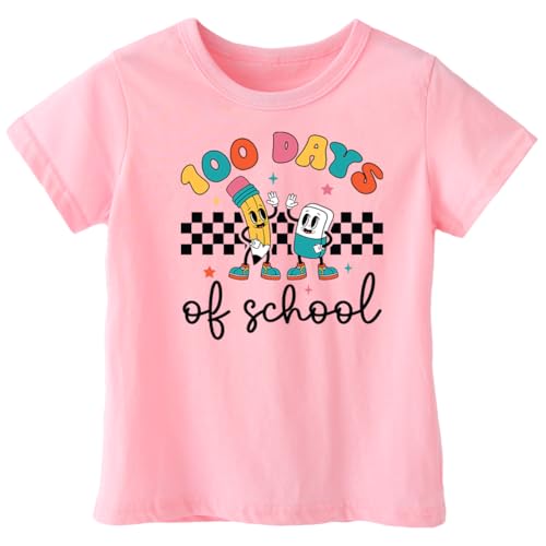 Image of Kids Little Boys Girls 100 Days of School Shirt Short Sleeve Funny Graphic Letters Print Celebration Top