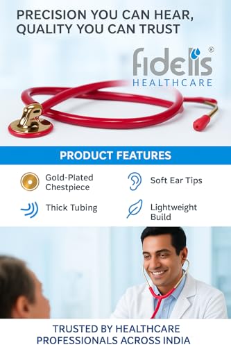 Image of Fidelis Healthcare Single Head Cardio Gold Cardiology Stethoscope Red Edition for Doctors, Medical Professionals & Students | Premium Acoustic Chestpiece, Lightweight Flexible Tube Clinical Gear