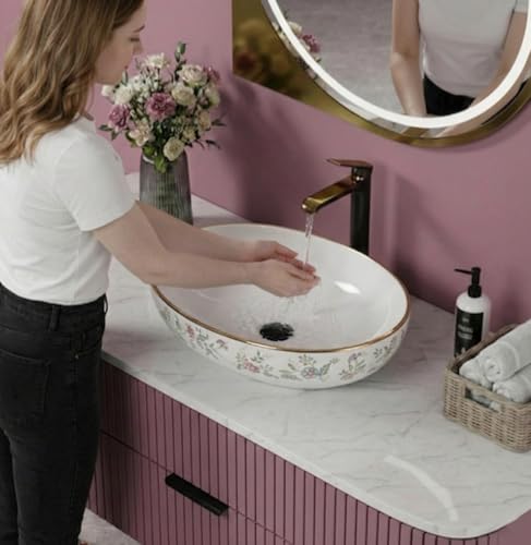 Image of BASSINO 21x14x6 Inches Ceramic Table Top Wash Basin /Designer Bathroom Sink /Luxury Countertop Vessel Basin /Oval Above Counter Basin /Wash Basin for Bathroom /Dining Hall(Glossy White Floral Print)