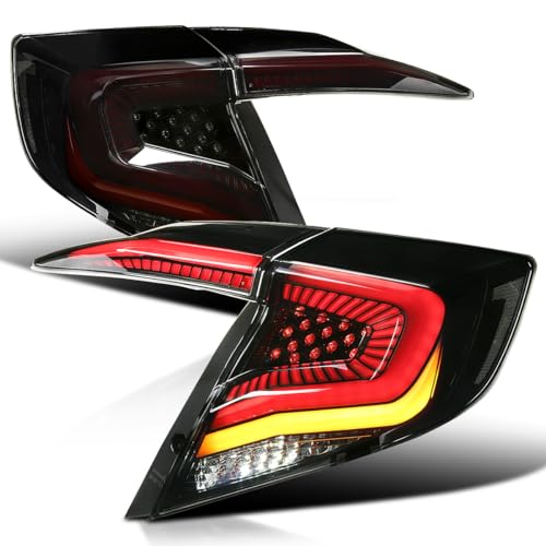 Image of SPEC-D TUNING Glossy Black Smoke Tail Lights w /Red LED Strips, Sequential LED Turn Signal, and Startup Animation Compatible with 2016-2021 Honda Civic 4-Door Sedan, Left + Right Pair Assembly