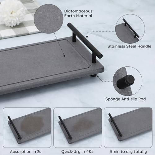 Image of Segbeauty 12x6in Bathroom Tray Countertop Organizer, Quick Dry Stone Drying Tray for Bathroom Kitchen, Water Absorbing Diatomaceous Earth Tray Stone Coasters Counter Decor Sponge Holder Vanity Trays