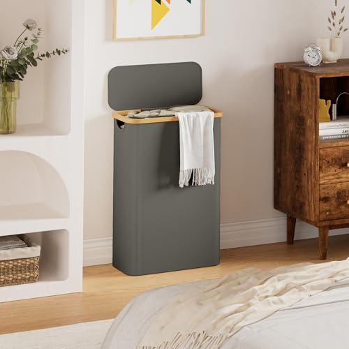 YOUDENOVA Cesta para la ropa sucia con tapa, 48 L, estrecha, con bolsa de lavandería, plegable, clasificador de ropa sucia, de madera de bambú, cestas altas para la colada, color gris oscuro - imagen 6