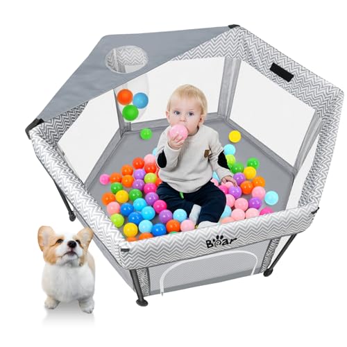 Image of Bear Baby Playpen, Playpen for Babies and Toddlers, Baby Play Yards for Indoor & Outdoor with Mat and Canopy, Foldable Kids Activity Centre, Baby Fence Pack and Play