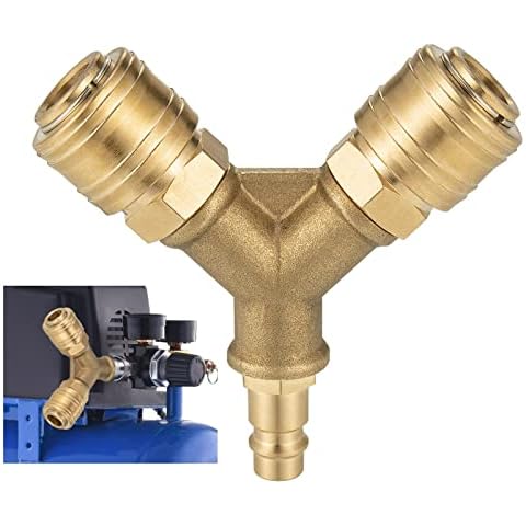 Druckluftverteiler Druckluftweiche 2-fach mit 2 Kupplungen, NW 7.2 1/4 AG Luftschlauch Schnellkuppler Verteiler, Druckluftweiche mit Außengewinde, Messing Druckluft Verteiler, Luftweiche Y Verteiler Cover