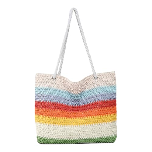 Sac en paille arc-en-ciel pour femmes, grand sac de plage zippé et rayé