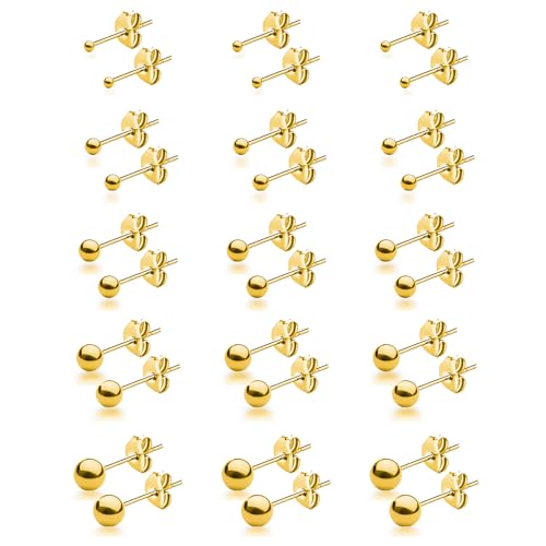 15 Pairs Surgical Steel Ball Stud Earrings Set for Women & Men, 2-6mm, Silver & Gold Plated, Hypoallergenic, 316L Stianless Steel