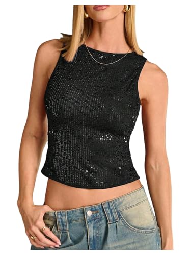 WDIRARA Women's Sequin Sparkly Tank Top Sleeveless Fitted Going Out Crop Tops