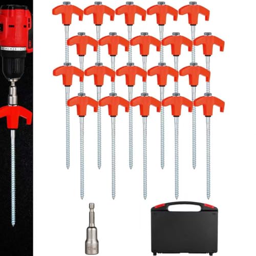 20 Pack Screw in Tent Stakes Heavy Duty,8 ’’ Ground Anchors Screw in,Metal Stakes with Hex Head Driver and Sturdy Storage Box. (20, Orange)
